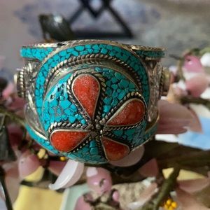 Vintage inlay turquoise coral wide cuff